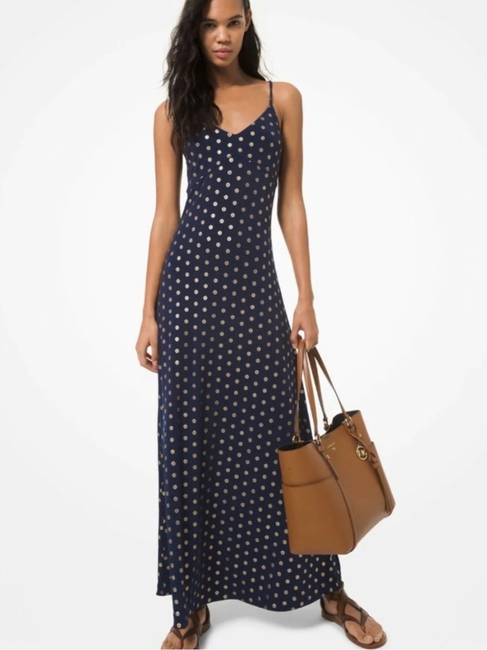 Michael Michael Kors Small Navy Gold Foiled Medallion Prints V Neck Maxi Dress